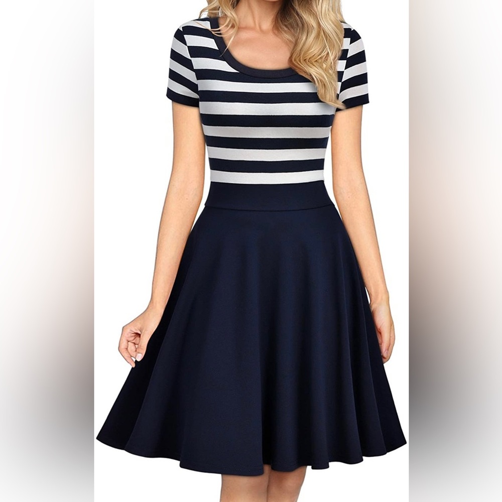 Women's Casual Navy Style Stripe Scoop Neck Party Swing Dress,Blue,X-Large